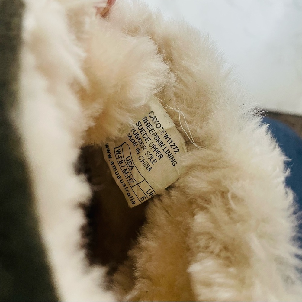 EMU Australia Green Cayote Sheepskin Suede Fringe Mini Boots | Size 8 - Picture 9 of 11
